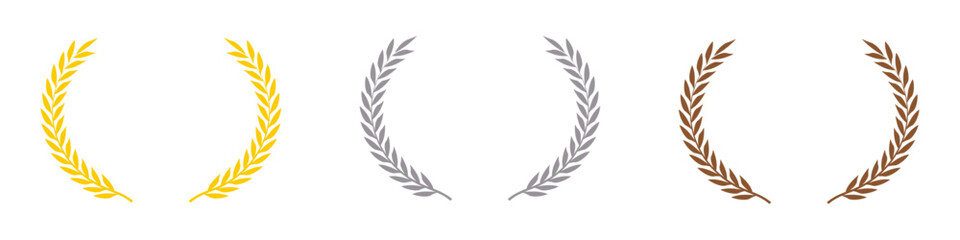 Winners laurel wreath logo type vector icons. Flat design gold silver bronze awards on transparent background - obrazy, fototapety, plakaty