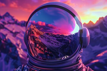 a person wearing a helmet with a mountain range reflected in it