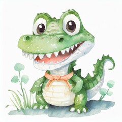 Namalowany bajkowy uśmiechnięty krokodyl ilustracja - obrazy, fototapety, plakaty