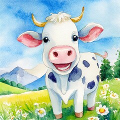 Uśmiechnięta krowa na łące ilustracja - obrazy, fototapety, plakaty