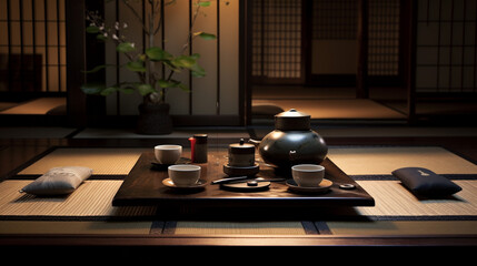 An elegant tea ceremony setup, replete with a lustrous teapot and chawan, set on an intricately designed tatami mat.