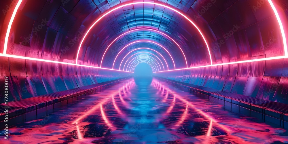 Poster neon lit tunnel of illuminated data trails visualizing high speed information transfer