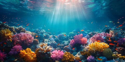 Vibrant Underwater Coral Reef Ecosystem Bathed in Soft Sunlight Rays Showcasing a Colorful Marine...