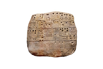 Sumerian clay tablet isolated on whit background. Ancient Recording through Drawing.