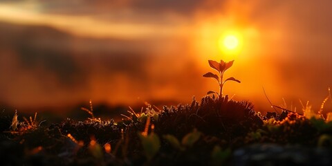 Silhouetted Seedling Glowing in the Warm Light of a Serene Sunrise or Sunset Landscape