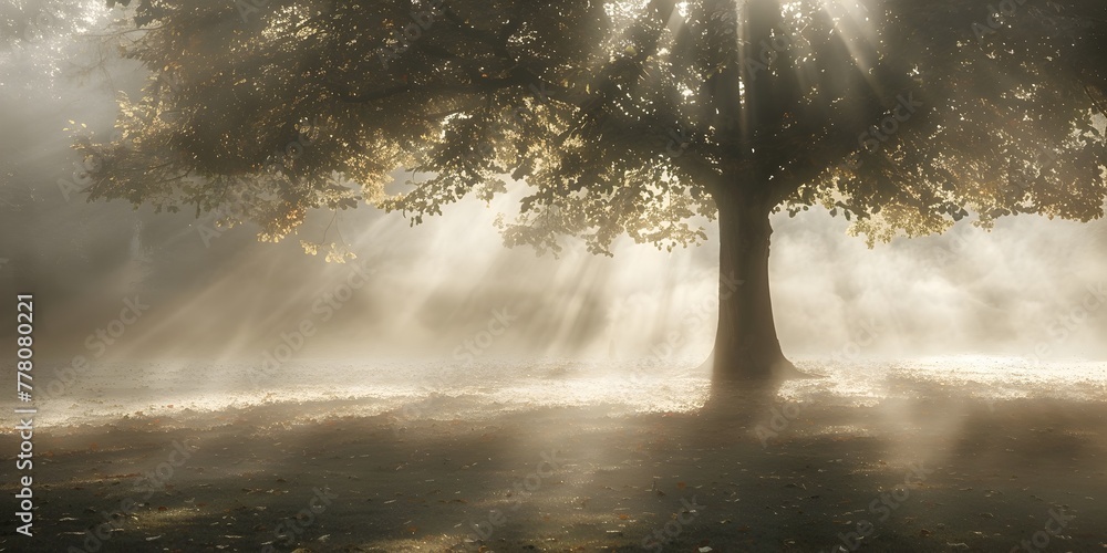 Aufkleber Ethereal Sunbeams Filtering Through Misty Forest Canopy Casting Mesmerizing Patterns on the Ground