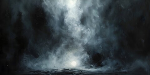 Ethereal Dance of Fog and Spotlight on Dramatic Black Canvas - obrazy, fototapety, plakaty