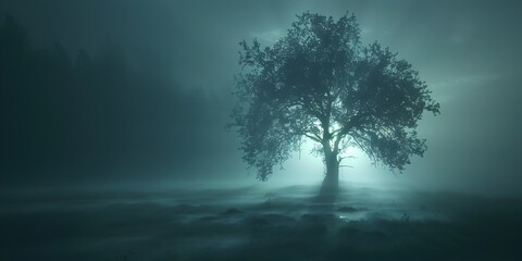 The Soft Luminescence of Fog Casting a Serene Glow on the Enigmatic Woodland Landscape - obrazy, fototapety, plakaty