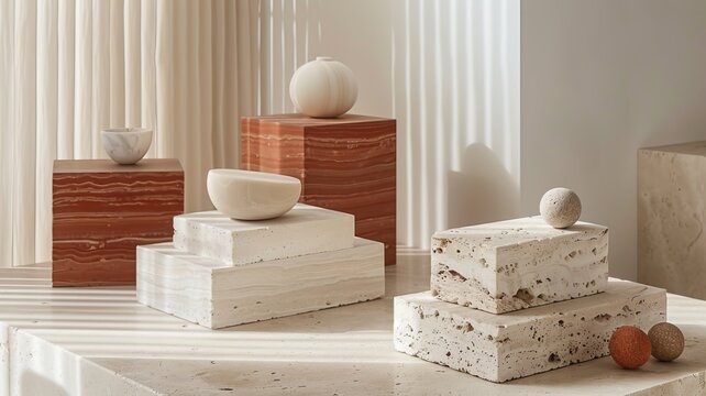 A high end e-commerce photoshoot, premium background, no products, very minimalistic, stone blocks, white and cold tones