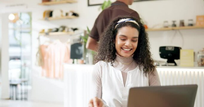 Woman, pos and credit card for payment in coffee shop, ecommerce and transaction on electronic machine. Female person, digital scanner and customer for tap purchase, cashless and online service