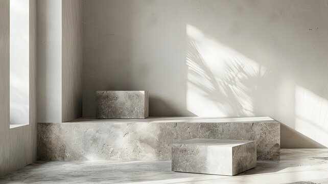 A high end e-commerce photoshoot, premium background, no products, very minimalistic, stone blocks, white and cold tones
