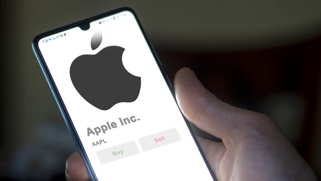 April 04th 2024 , Cupertino, California. Close up on logo of Apple Inc. on the screen of an exchange. Apple Inc  price stocks, $AAPL on a device.