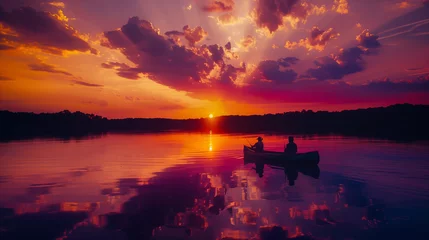 Foto op Canvas A vivid summer lake scene at sunset. Silhouettes of people fishing from the shore, a canoe gently floating on the glassy water reflecting the spectacular sky, Generative AI © supakit hongsakul