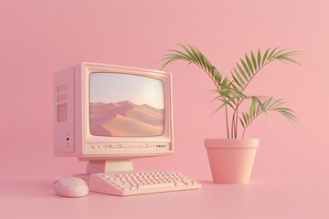 a computer and a plant in a pot