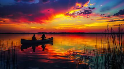 A vivid summer lake scene at sunset. Silhouettes of people fishing from the shore, a canoe gently floating on the glassy water reflecting the spectacular sky, Generative AI - obrazy, fototapety, plakaty