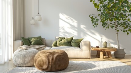 Spacious living room with a white sofa, a round wooden coffee table, a chunky knit pouf, and area rug on a wood floor