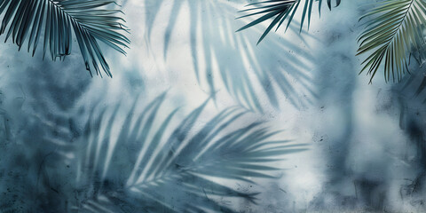 Light shadows of tropical palm leaves on concrete wall background.