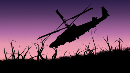 Fototapeta na wymiar military helicopter on the battlefield, flat color illustration