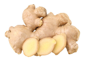 Close-up, Fresh ginger rhizome and sliced isolated, transparent PNG, PNG format, cut out