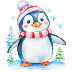 Namalowany pingwin w czapce i szaliku ilustracja - obrazy, fototapety, plakaty