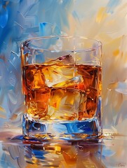Immerse yourself in the warm embrace of this exquisite oil painting featuring a solitary glass of whiskey, embodying the essence of quiet moments and thoughtful reflections.