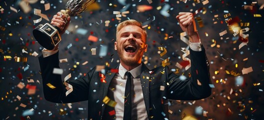 Man celebrating success with cup in hand