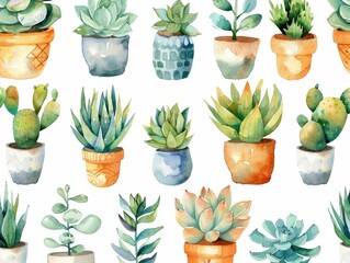 Watercolor Patterns of Diverse Succulent Potted Plants Showcasing Nature s Resilient Beauty