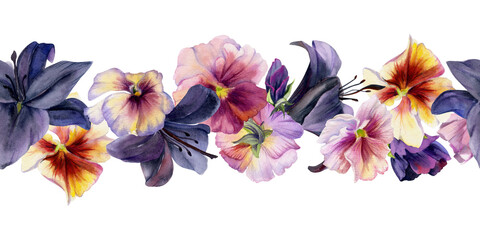 Hand drawn watercolor illustration shabby boho botanical flowers. Dark lily clivia amaryllis, pansy viola violet. Seamless banner isolated on white background. Design wedding suite, love cards, shop - obrazy, fototapety, plakaty