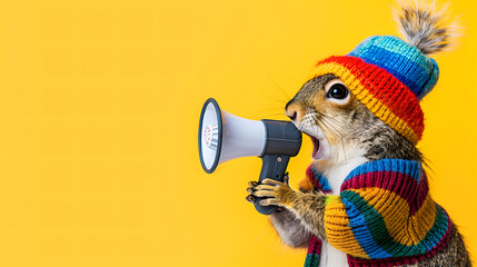 Squirrel announcing using megaphone. Notifying, warning, announcement.