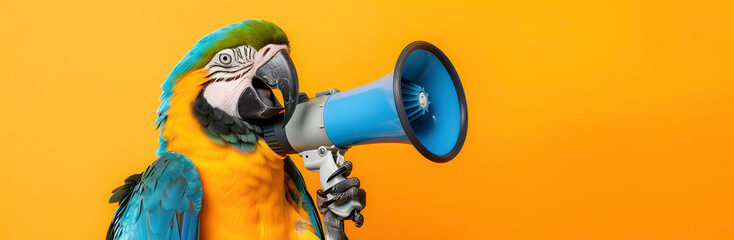 Macaw parrot bird announcing using megaphone. Notifying, warning, announcement.