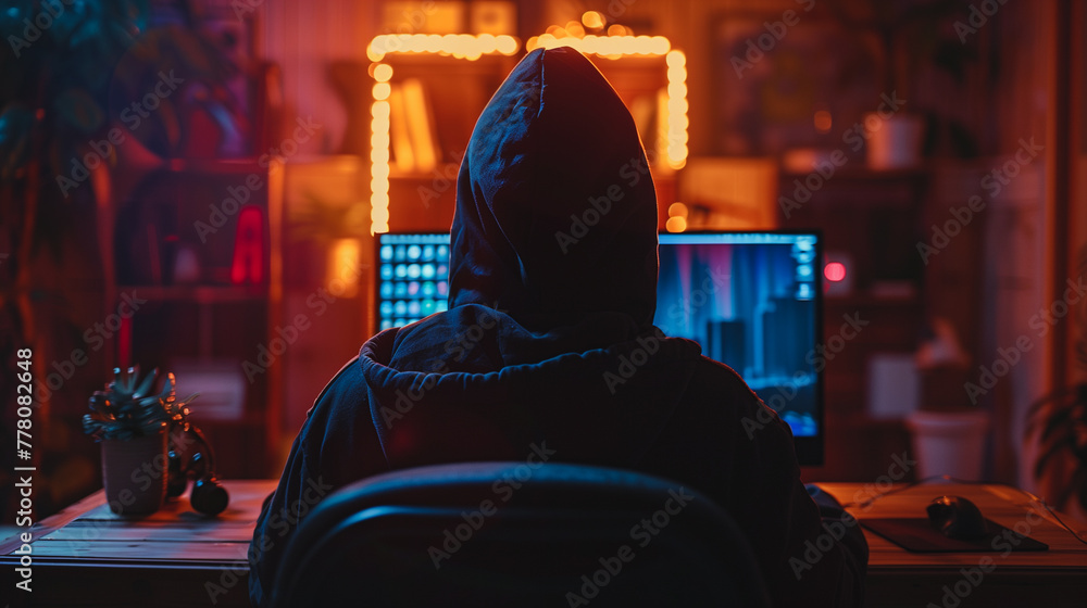 Poster a man is sitting at a desk with two computer monitors in front of him