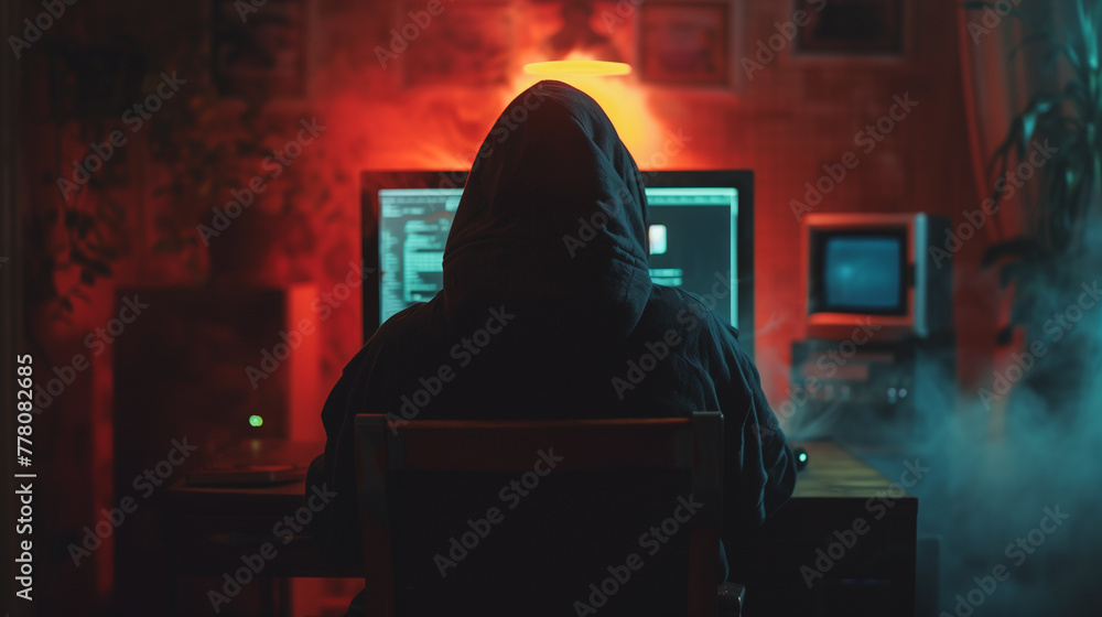 Aufkleber a man is sitting at a desk with two computer monitors in front of him