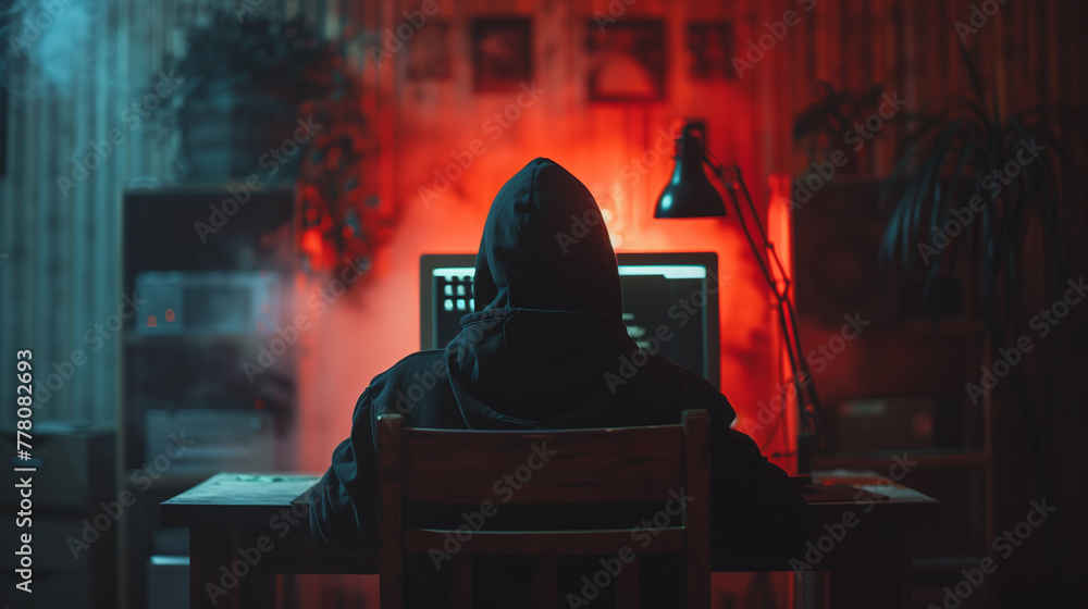 Poster a man is sitting at a desk with two computer monitors in front of him