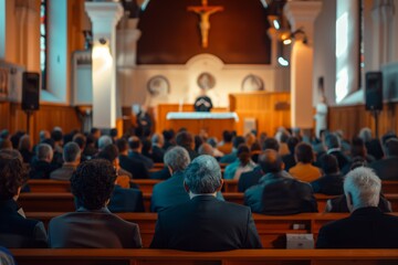 A pastor, preacher or priest stands in front of the faithful parishioners in the church, inspiringly reading a sermon, sharing spiritual thoughts and guiding them on a spiritual path - obrazy, fototapety, plakaty