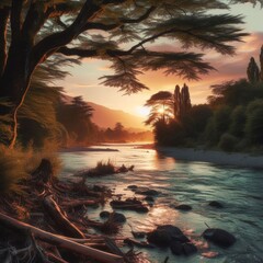 A river, trees, and a sunset near the riverbank
