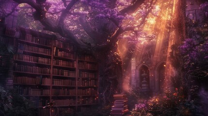 In a dark fairy-tale forest, among the golden rays of the sun breaking through the branches of trees, there is a shelf full of books, creating an atmosphere of mystery and mystery - obrazy, fototapety, plakaty