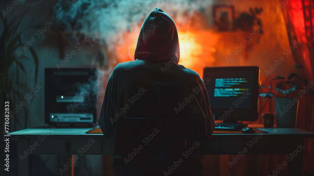 Poster a man is sitting at a desk with two computer monitors in front of him