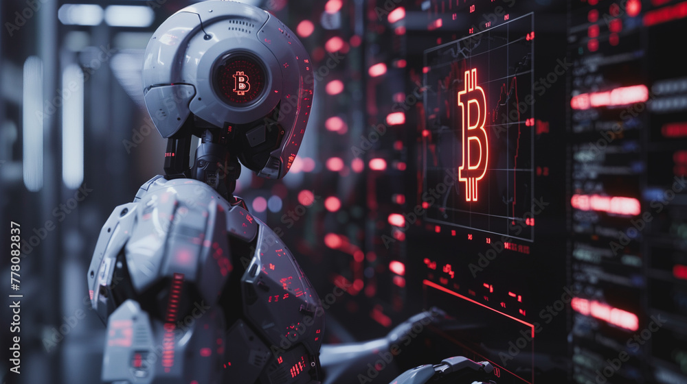 Poster a robot is looking at a computer screen with a red b on it