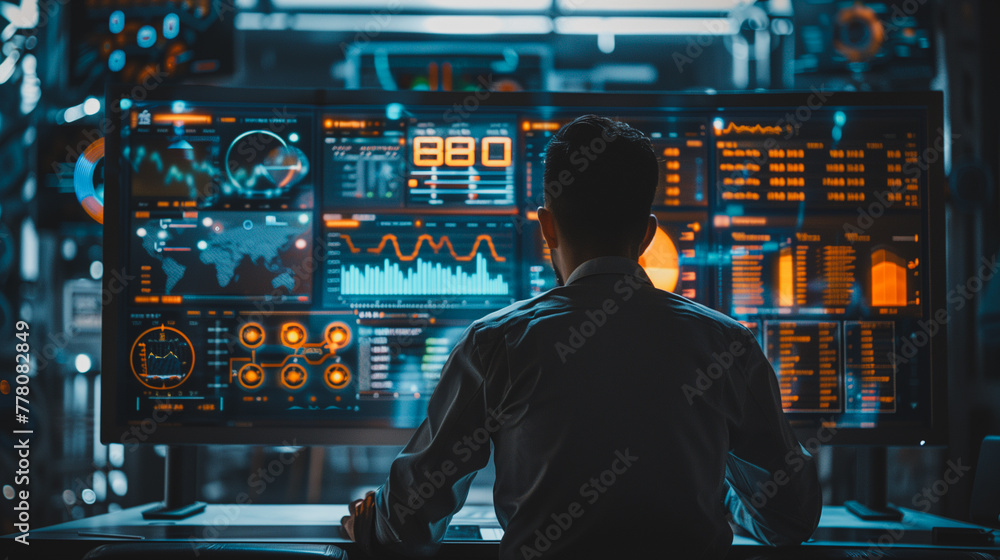 Poster a man is sitting in front of a computer monitor with a lot of numbers
