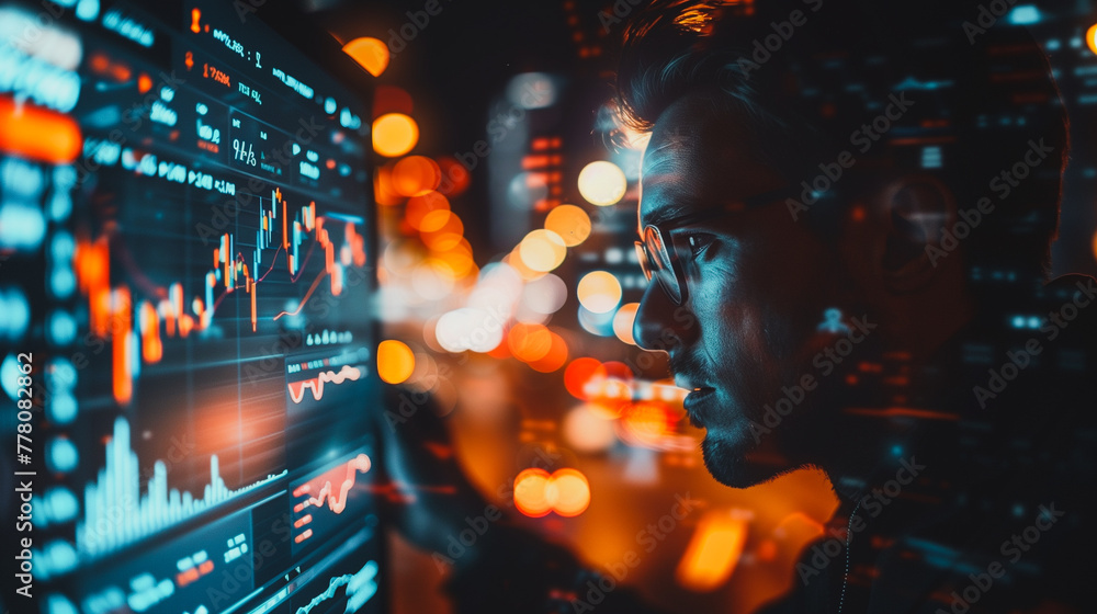 Poster a man is looking at a computer screen with a lot of numbers and graphs