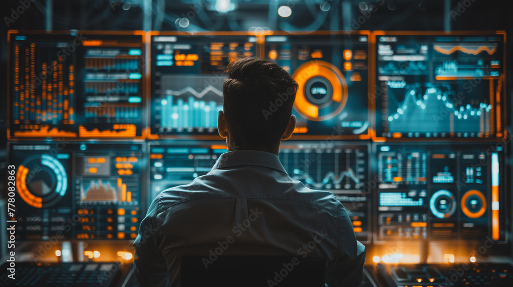Poster a man is sitting in front of a computer monitor with a lot of numbers