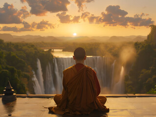 Buddhist monk meditating near a waterfall during a beautiful sunset or sunrise - obrazy, fototapety, plakaty