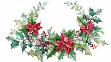 Watercolor wreath of holly and poinsettia in a crescent frame for holiday cards,