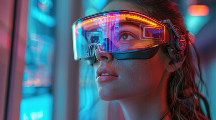 Woman with glasses of virtual reality. Future technology concept.