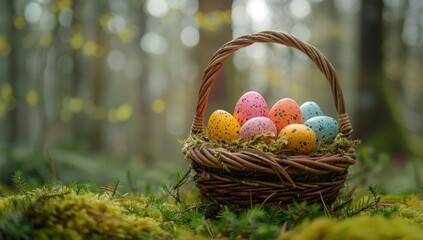 Colorful Easter eggs in a basket on green grass with flowers