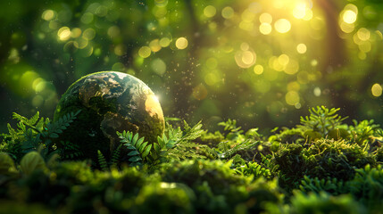 An image of a green globe in the forest, symbolizing Earth Day and environmental conservation. - obrazy, fototapety, plakaty