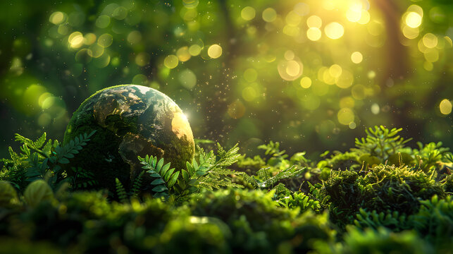 An image of a green globe in the forest, symbolizing Earth Day and environmental conservation.