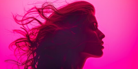 A woman stands with her hair blowing in the wind under pink neon light