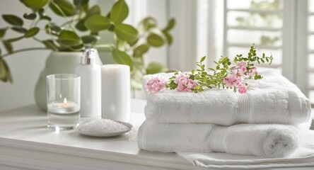 A neat pile of fluffy white spa towels stacked on a wooden table