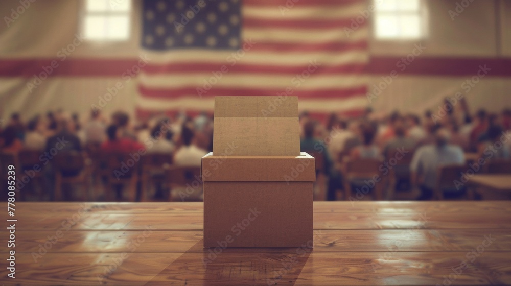 Aufkleber a wooden table holds a voting box against a backdrop of an american flag, creating a simple and mini